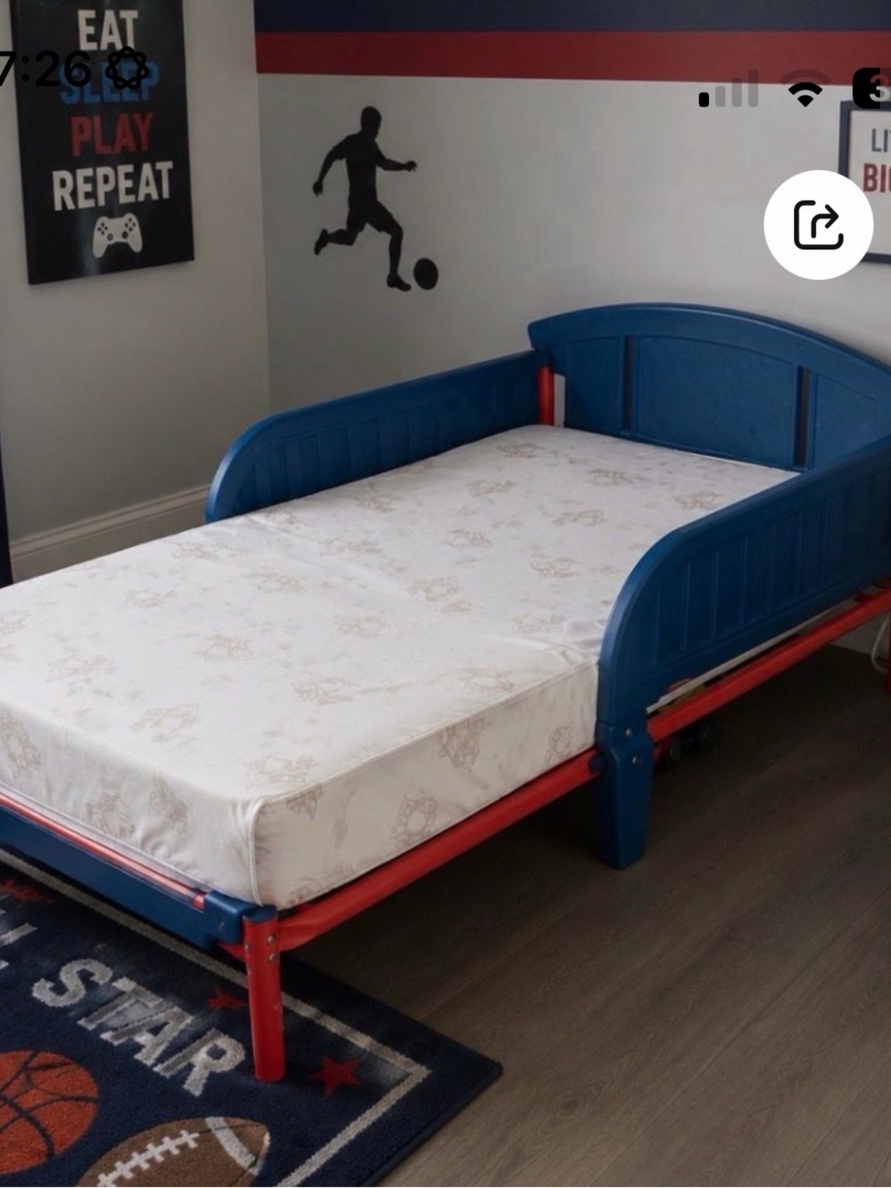 Blue and Red Kids Bed Frame with White Mattress- w/ any theme stickers